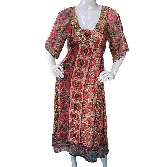New Look Womens Size UK 12 US 8 Kaftan Midi Dress Half Sleeve Paisley Silk Red - Picture 11 of 15